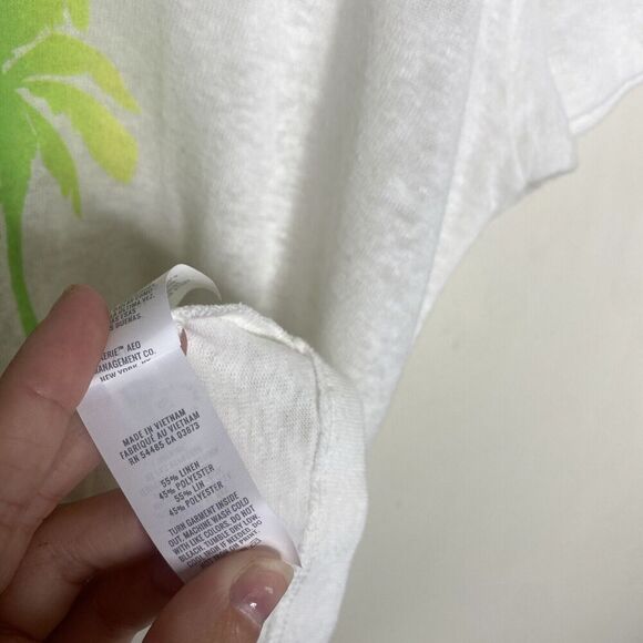 Aerie White Short Sleeve Crew Neck Graphic Palm Trees Linen T-Shirt Small - Picture 10 of 13